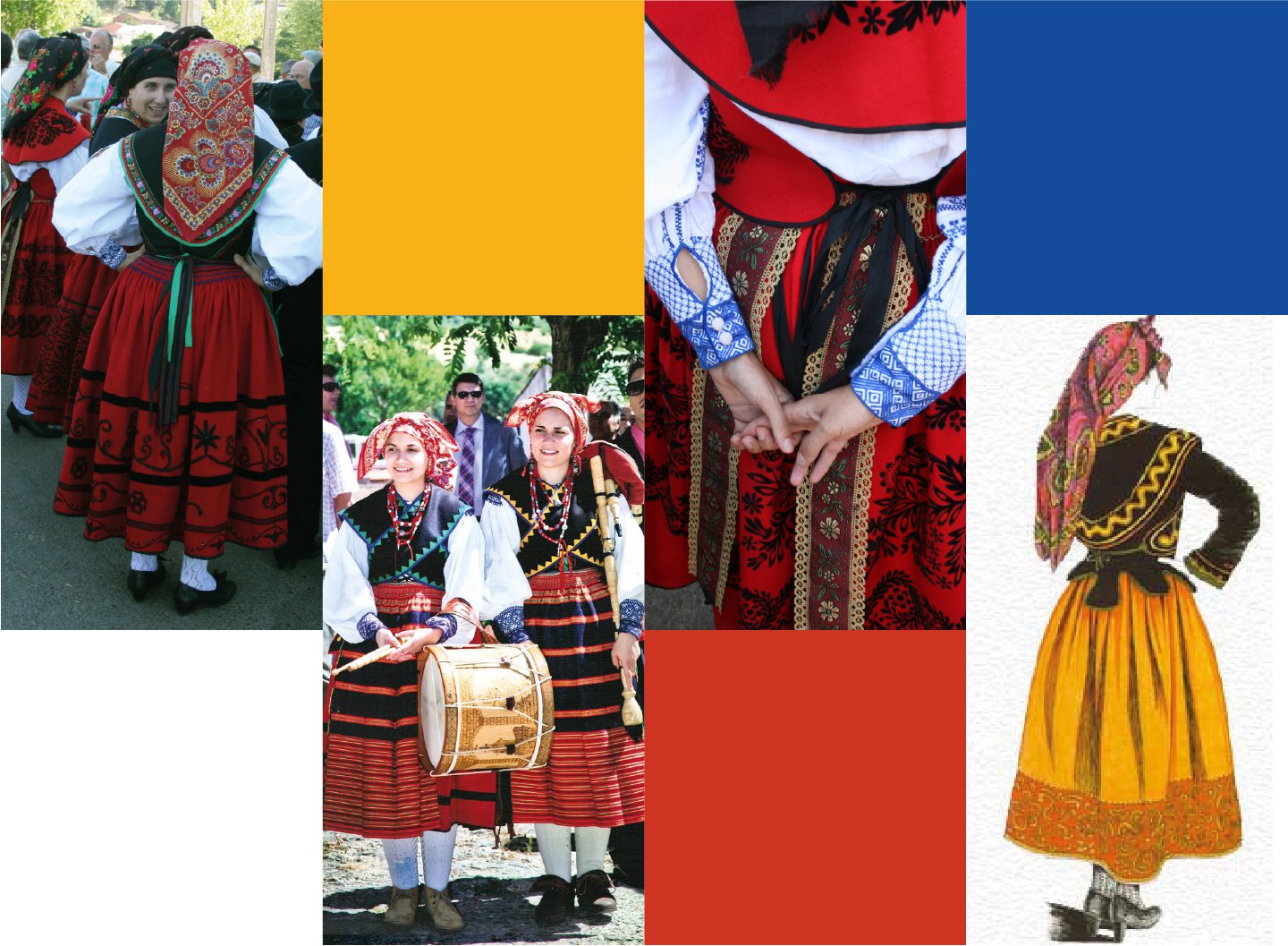 Mosaico de referentes culturales: fotografías de archivo de trajes de gala alistanos, gaitas, dulzainas, niñas en romería, intercaladas con bloques de color rojo, azul y amarillo