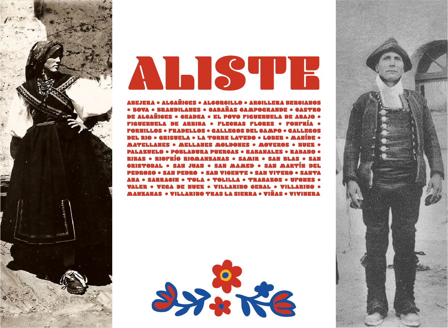 Composición editorial: wordmark ALISTE en rojo gigante, lista de los pueblos de la comarca a su derecha y dos fotografías en blanco y negro de figuras tradicionales