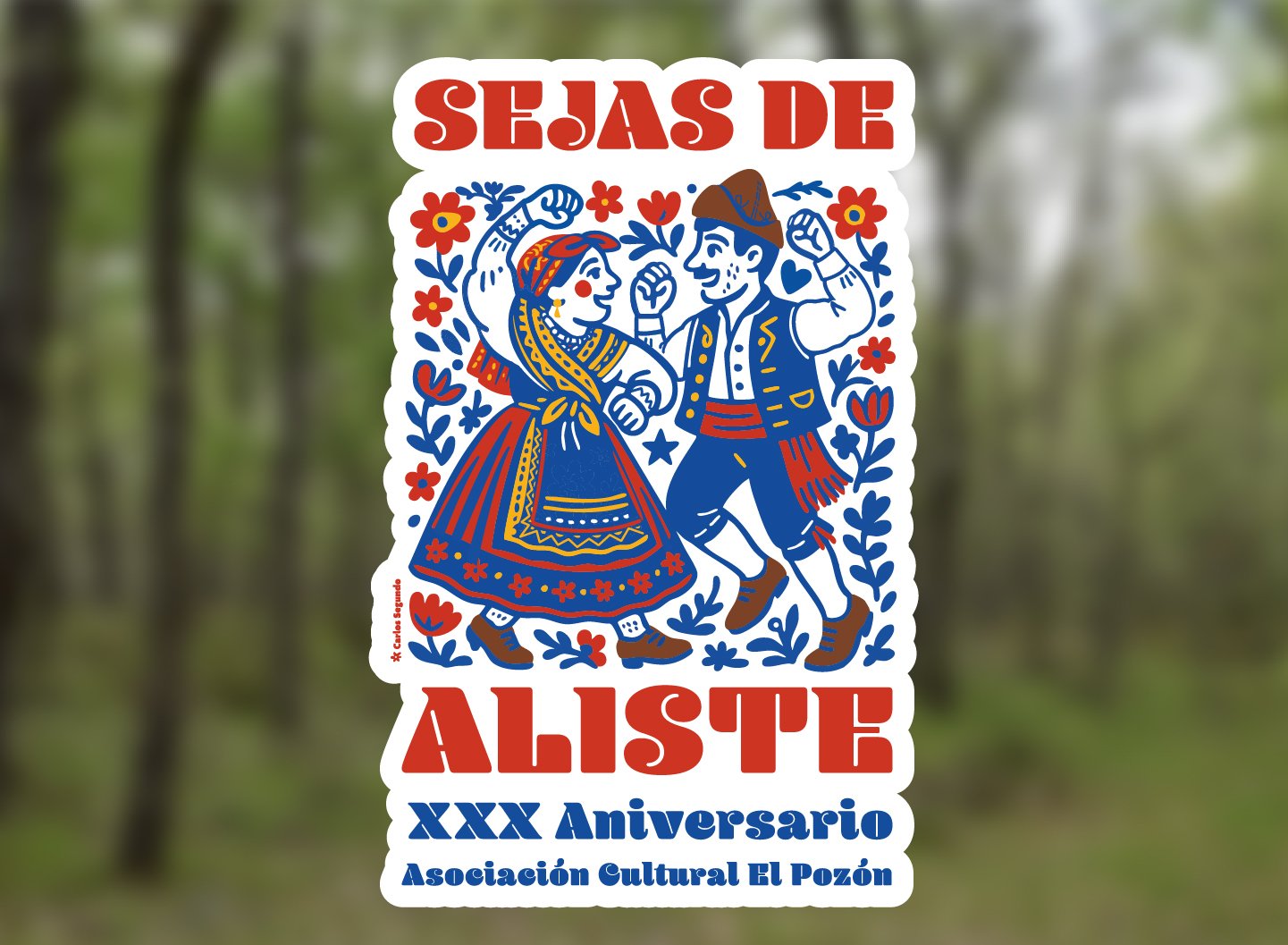 Lockup completo del cartel: SEJAS DE ALISTE arriba, pareja danzando en el centro, ALISTE en grande, XXX Aniversario y Asociación Cultural El Pozón abajo