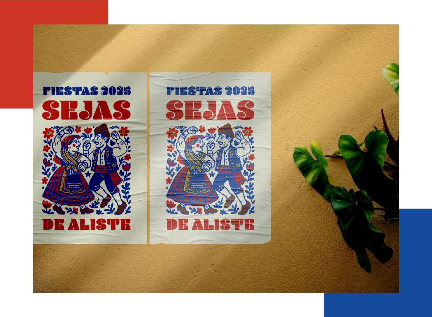 Dos versiones del cartel de las fiestas de Sejas de Aliste sobre fondo amarillo, una plana y otra con sombra de hojas vegetales encima