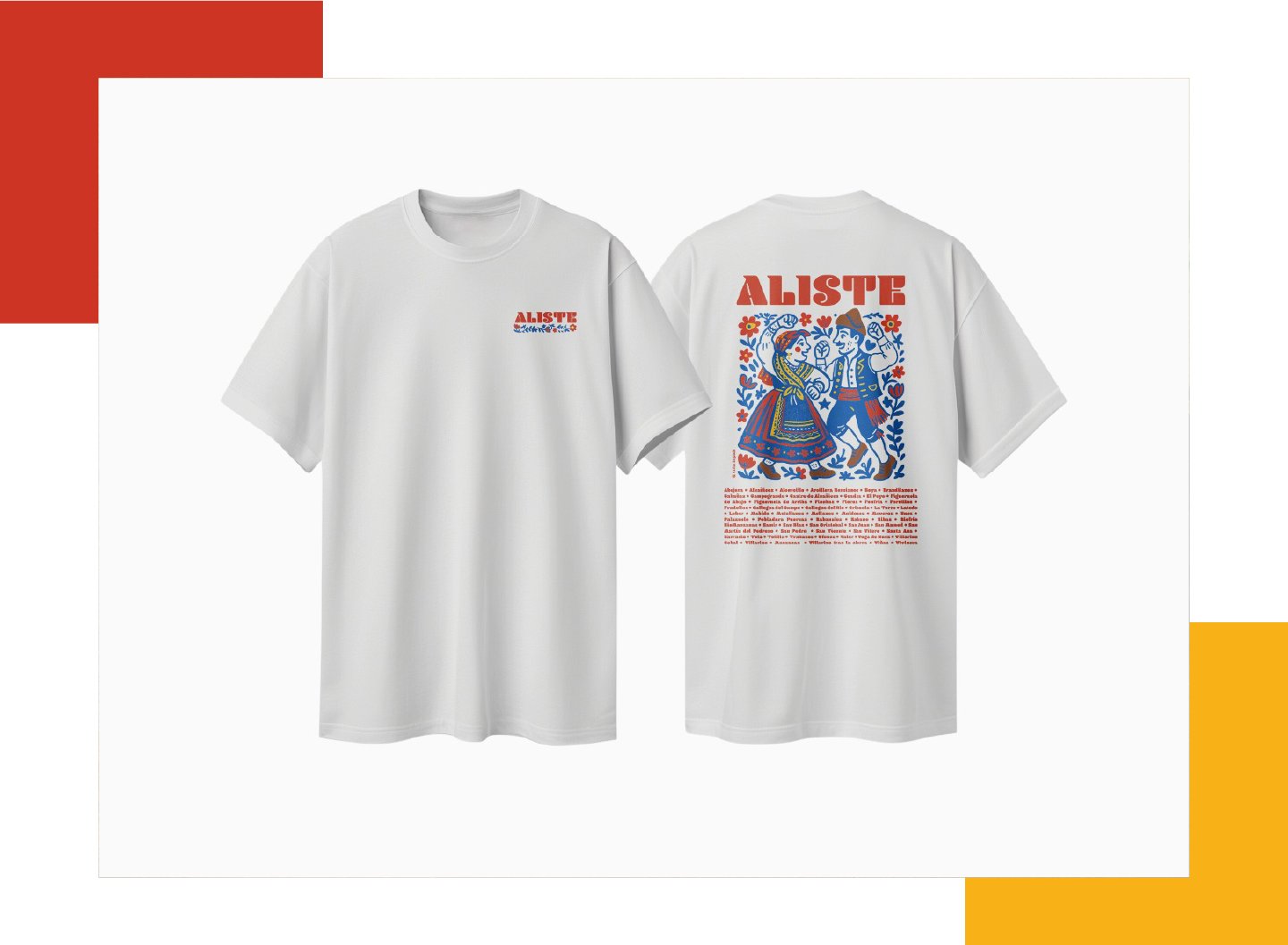 Dos camisetas de algodón blanco: una de espalda con el logotipo pequeño en el cuello, otra de frente con la ilustración completa, sobre fondo con bloques de color rojo y amarillo
