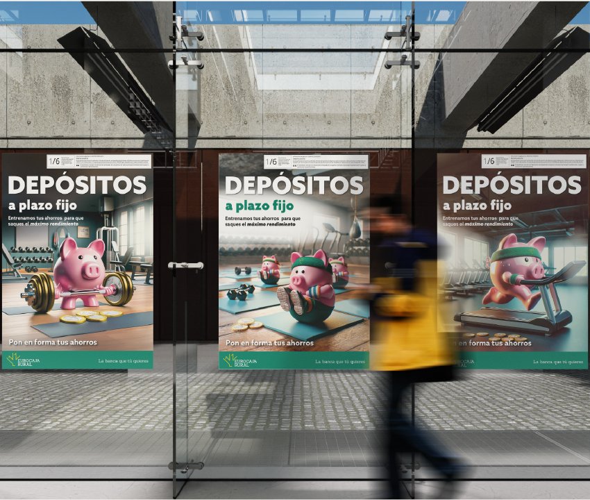 Tres marquesinas vidriadas alineadas en una calle urbana, cada una con una versión distinta del cartel de la campaña; un peatón pasa por delante en movimiento