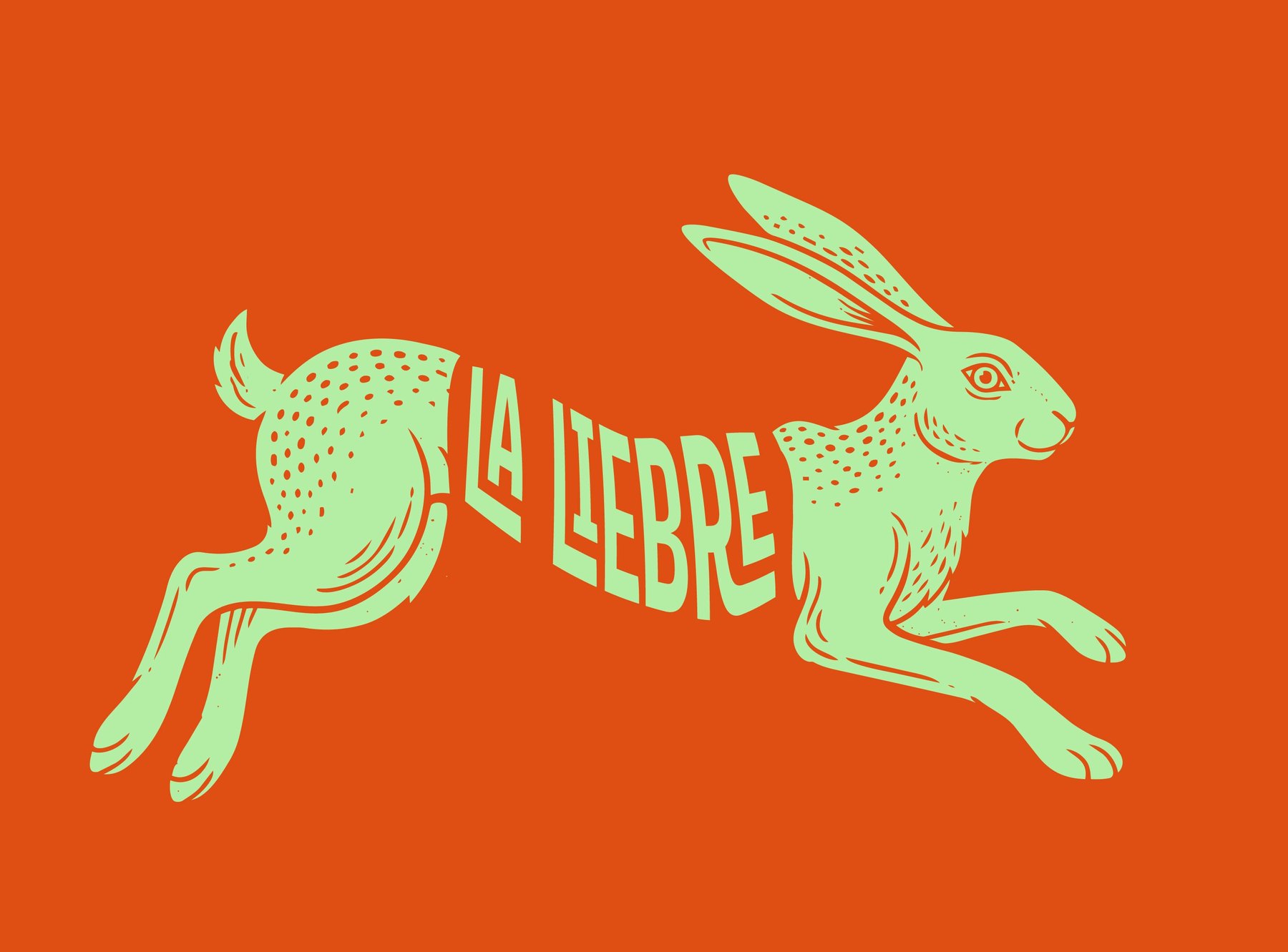 Wordmark de La Liebre con la figura saltando integrada en la palabra, sobre fondo naranja