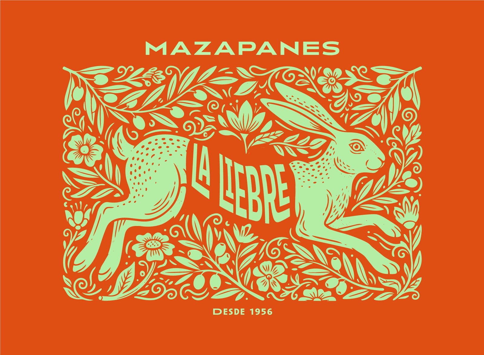 Lockup principal de La Liebre: composición floral simétrica con la liebre central, wordmark y leyenda 'desde 1956'
