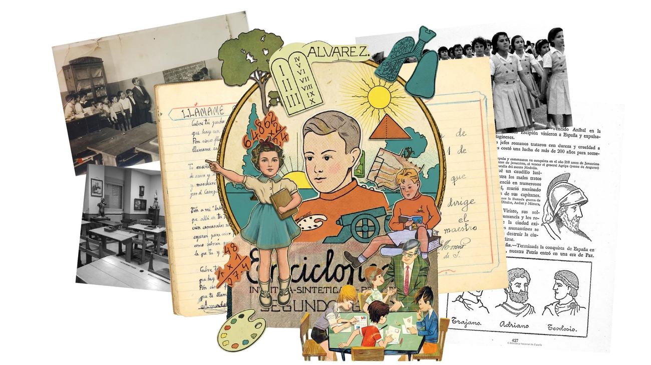 Collage compositivo con cuaderno escolar abierto, ilustración central de niños con triángulo amarillo y peana turquesa, fotografías de clases en filas, recortes de Enciclopedia Álvarez con paleta de pintor, ilustraciones de emperadores romanos y peinados infantiles