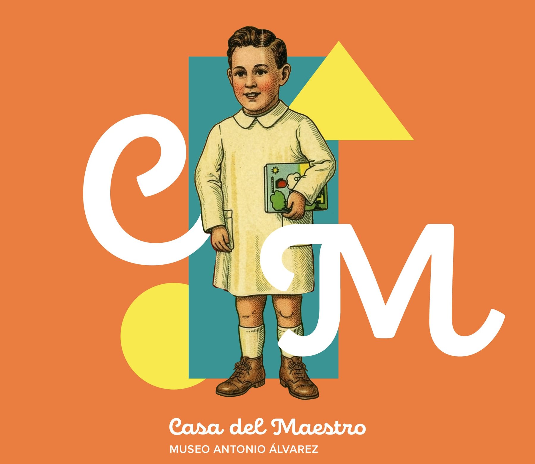 Composición cuadrada para redes sociales: niño ilustrado con libro sobre cuadrado turquesa, monograma «CM» en blanco a gran escala, formas geométricas amarillas, y lockup «Casa del Maestro · Museo Antonio Álvarez» abajo