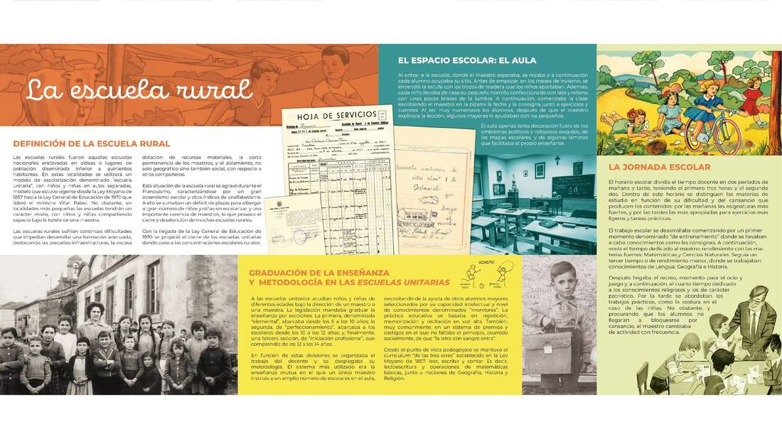 Panel expositivo a doble página titulado «La escuela rural», con secciones de texto, fotografías históricas restauradas, ilustraciones escolares y composición sobre fondo crema