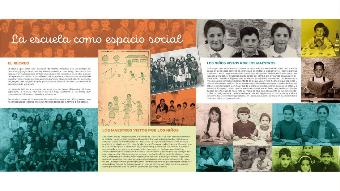 Panel expositivo a doble página titulado «La escuela como espacio social», con bloques cromáticos naranja y turquesa, texto explicativo de El Recreo y Los maestros vistos por los niños, fotografías de archivo y ilustraciones de niños jugando
