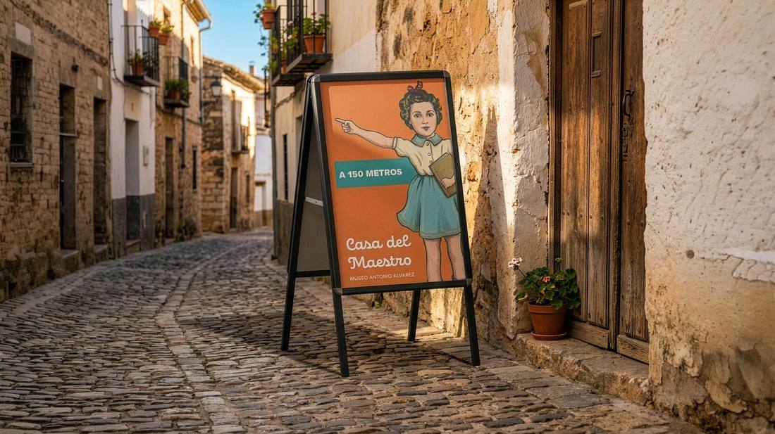 Caballete callejero con cartel del museo —niña ilustrada señalando con el dedo, anotación «A 150 metros»— montado en una estrecha calle empedrada del pueblo entre fachadas de piedra dorada