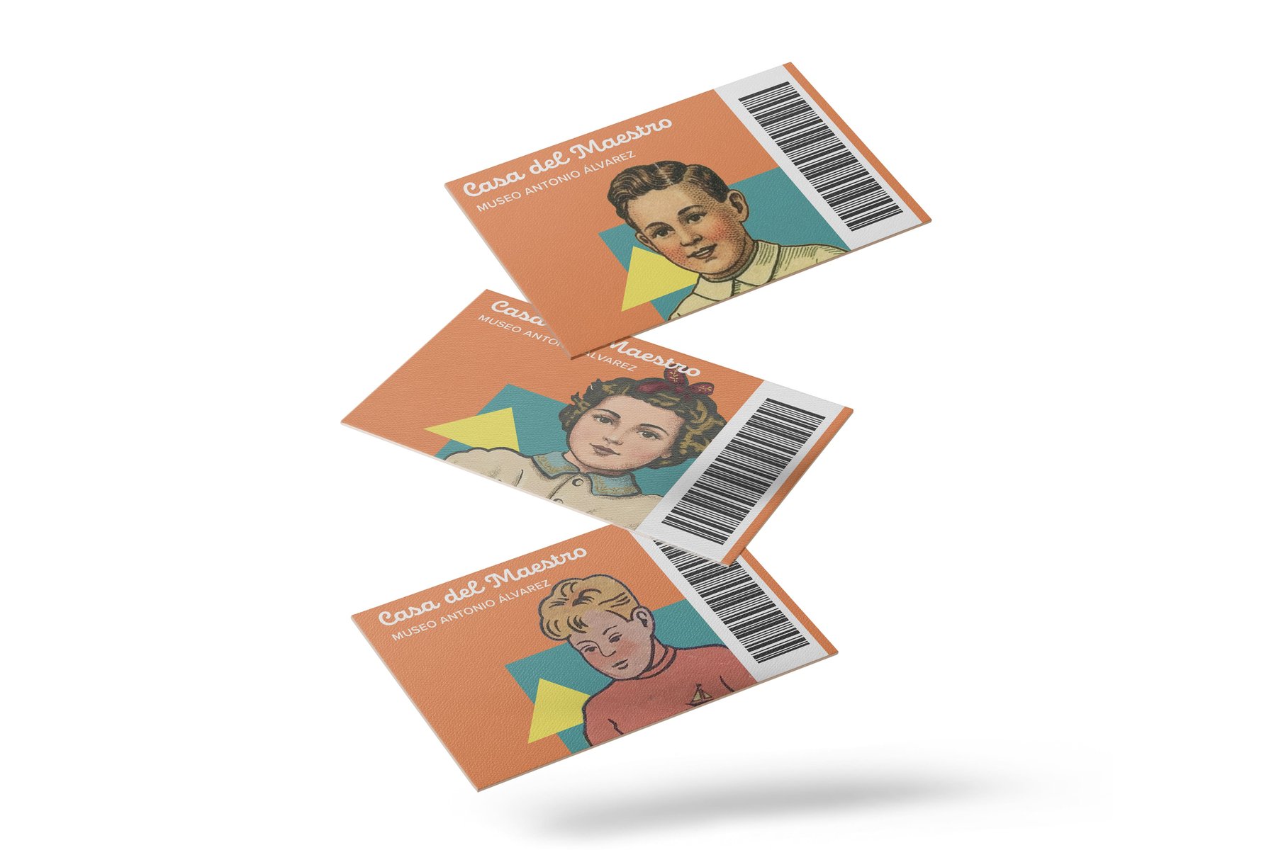 Tres entradas del museo en perspectiva flotando, cada una con un personaje ilustrado distinto y código de barras lateral, sobre fondo blanco