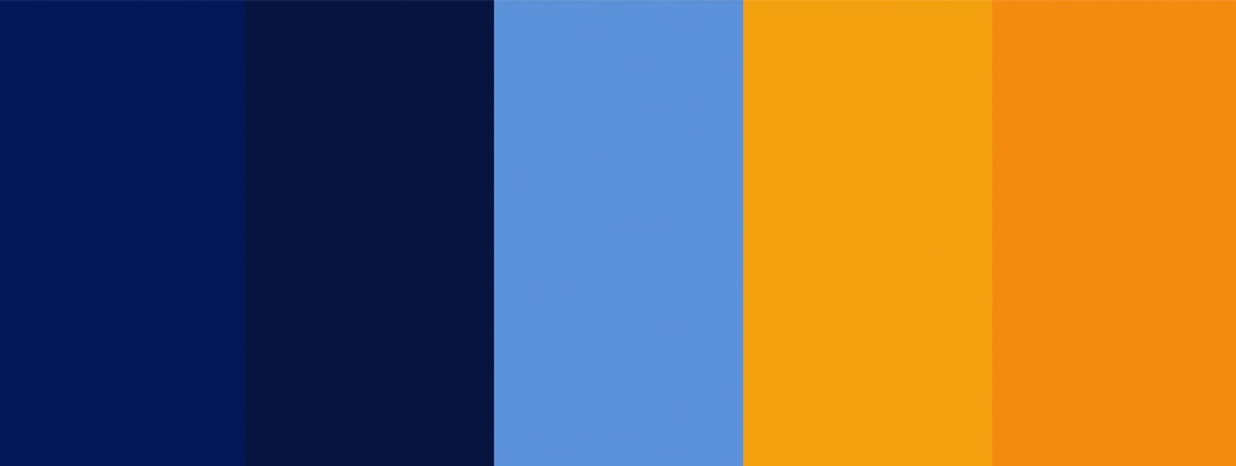 Paleta cromática completa del proyecto: cinco swatches verticales con los tonos marino profundo, cobalto, azul cielo, dorado y naranja cálido
