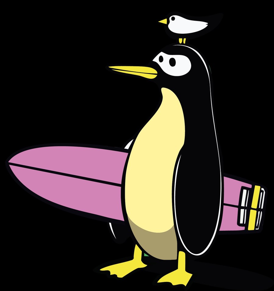 Flaman, el pingüino surfista, ilustración aislada a tamaño grande