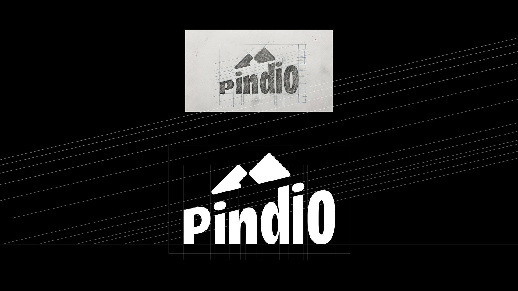 Construcción del logotipo Pindio: boceto a lápiz inicial y versión final con sistema de retícula diagonal