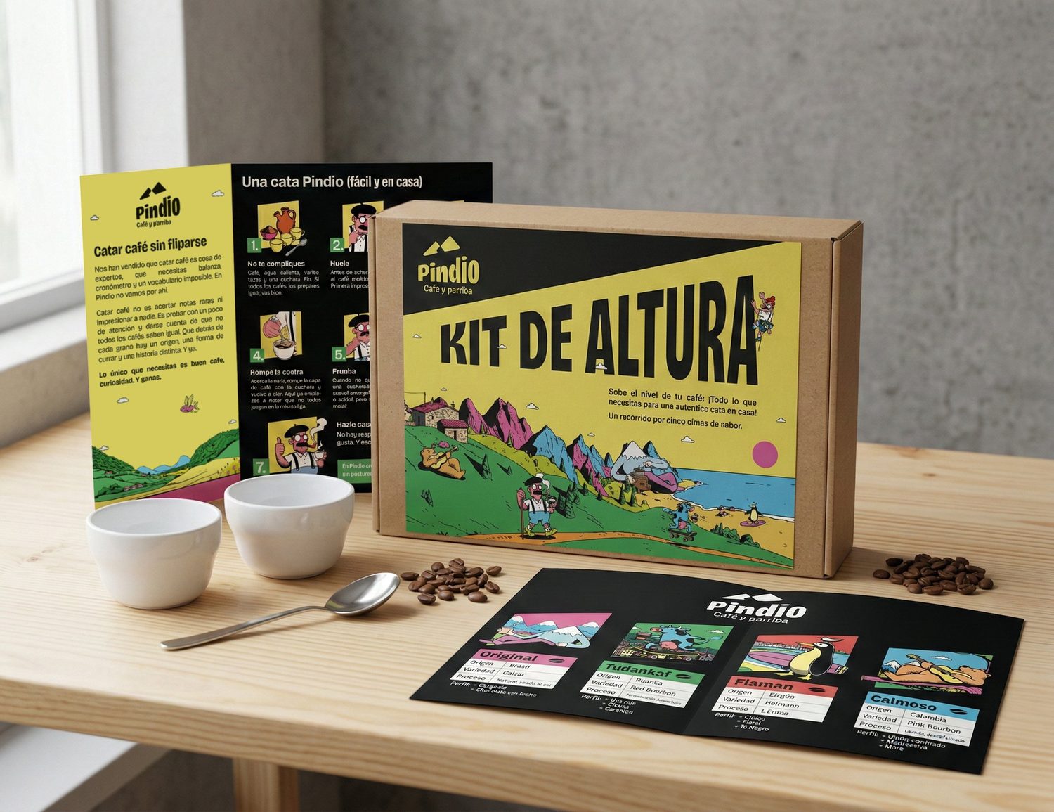 Kit de Altura: caja de cata casera Pindio con instrucciones, tarjetas de cata y bolsas de las variedades
