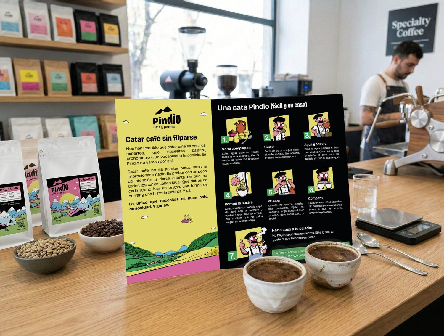 Cartel de cafetería con guía 'Catar café sin fliparse' y siete pasos ilustrados