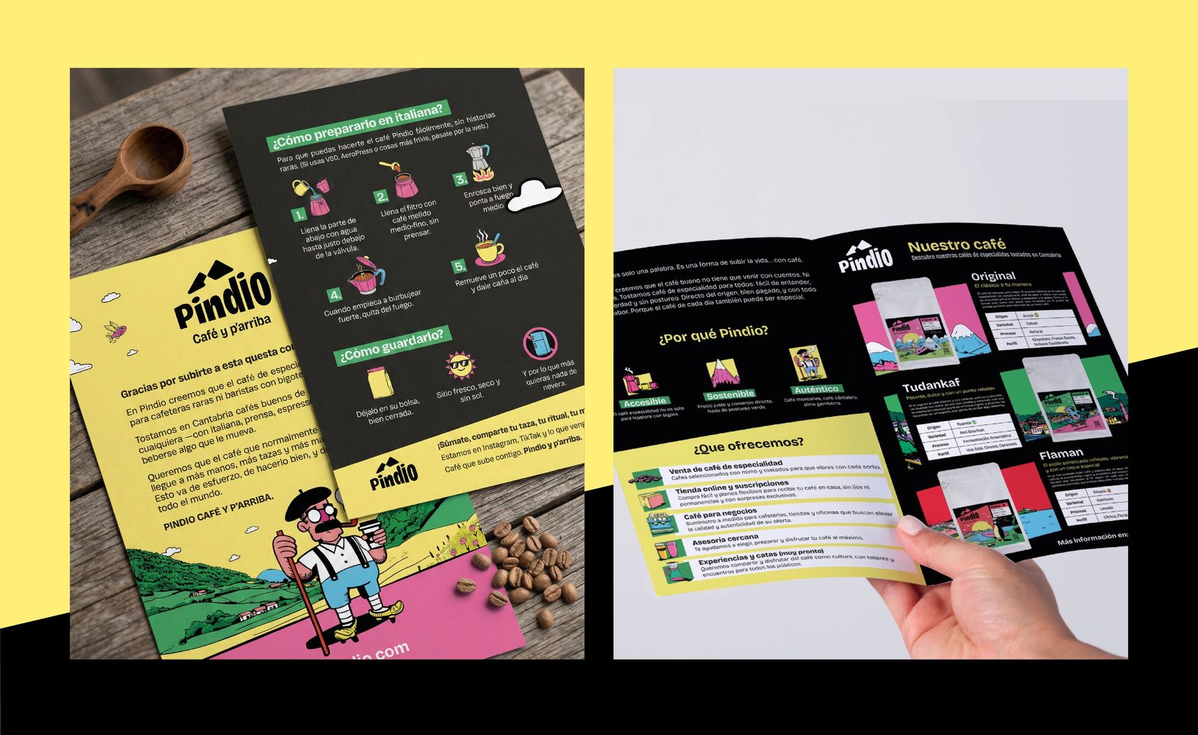 Folleto plegable Pindio con interior de instrucciones de preparación, conservación y catálogo de la gama