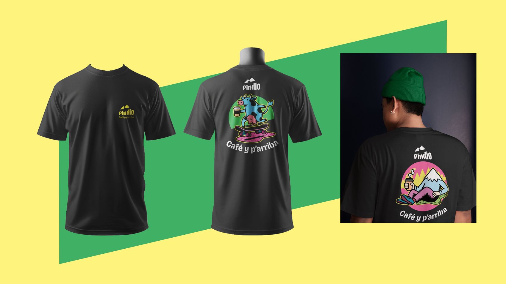 Línea de camisetas Pindio en negro con ilustraciones del cast y el tagline 'Café y p'arriba'