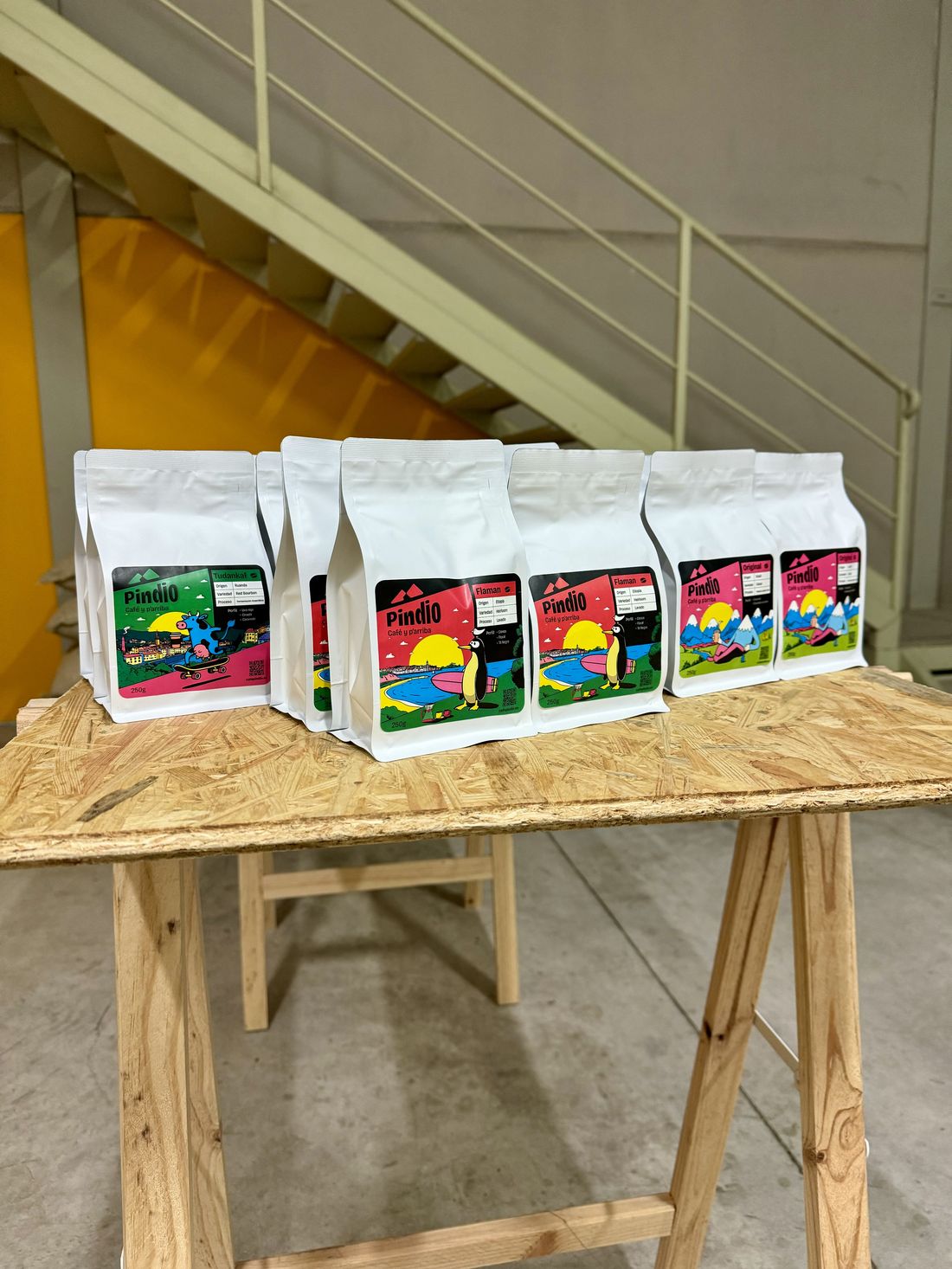 Foto real: las seis variedades de Pindio sobre una mesa de taller en producción