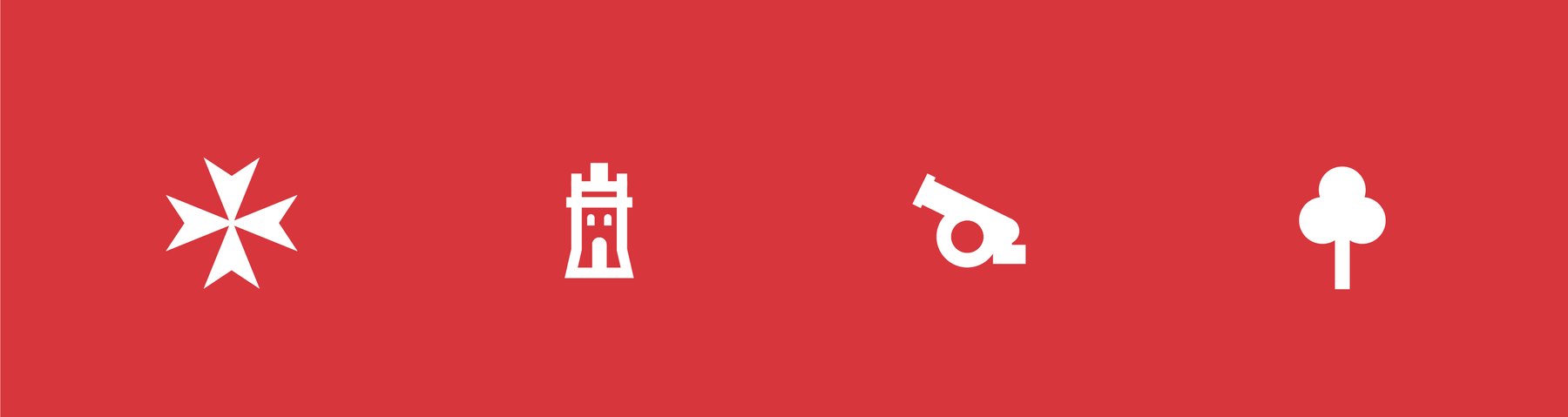 Familia de cuatro iconos blancos sobre fondo rojo: cruz de Malta, torre almenada, cañón y árbol estilizado