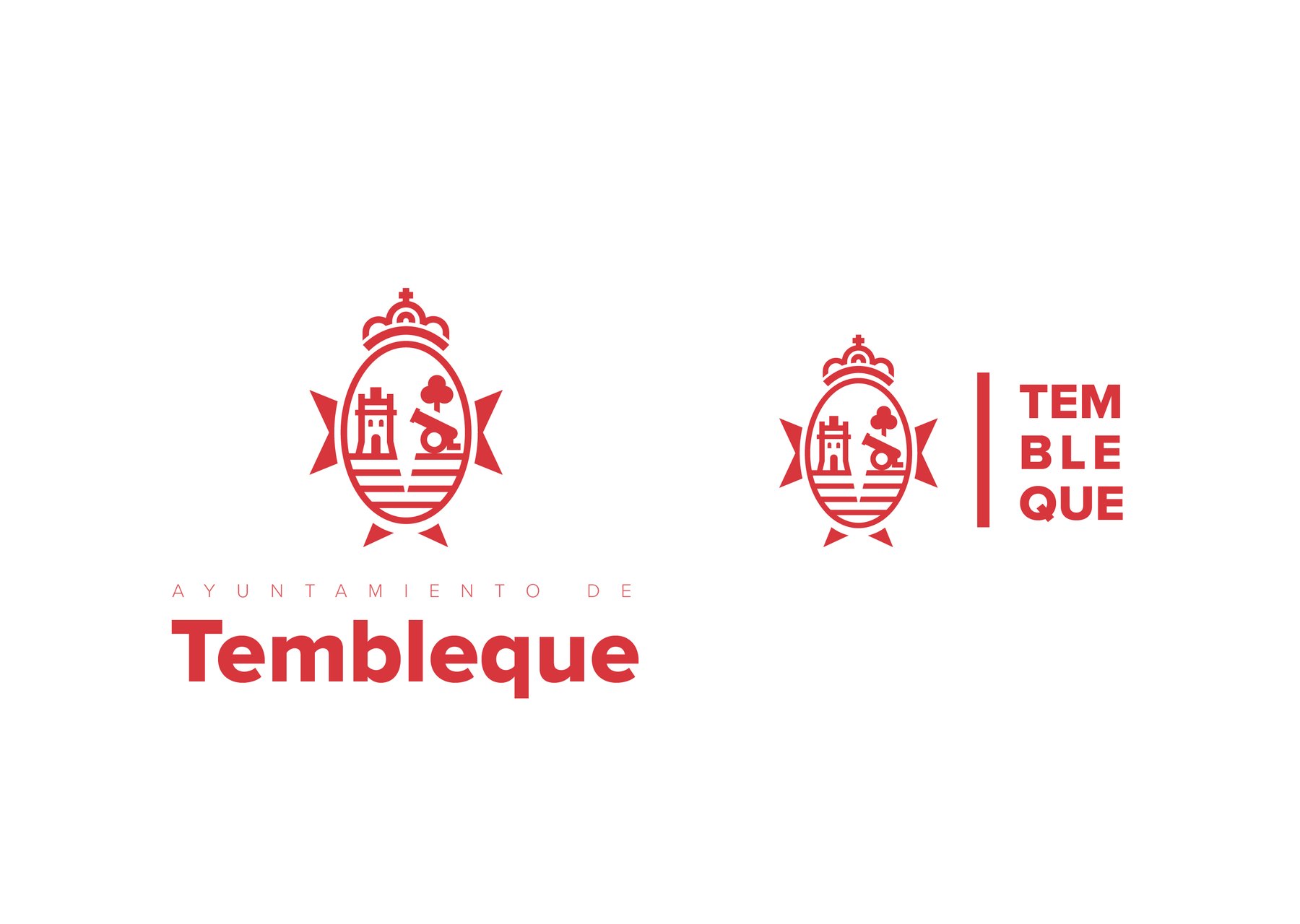 Dos lockups en rojo sobre fondo blanco: a la izquierda la marca completa con escudo arriba y «Ayuntamiento de Tembleque» debajo; a la derecha una versión compacta con el escudo y la palabra «TEMBLEQUE» partida en sílabas TEM/BLE/QUE