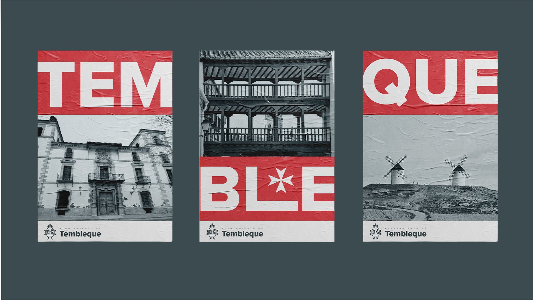 Tríptico de carteles editoriales: tres paneles que componen la palabra TEM/BLE/QUE en grande, cada uno sobre una fotografía arquitectónica del pueblo en blanco y negro (fachada, soportales y molinos)