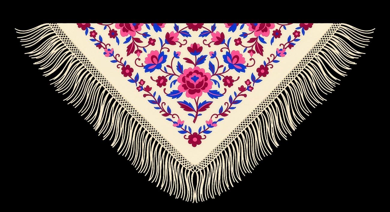 Mantón de Manila triangular con composición floral simétrica en rosa fucsia y azul cobalto sobre fondo crudo, con flecos en los bordes