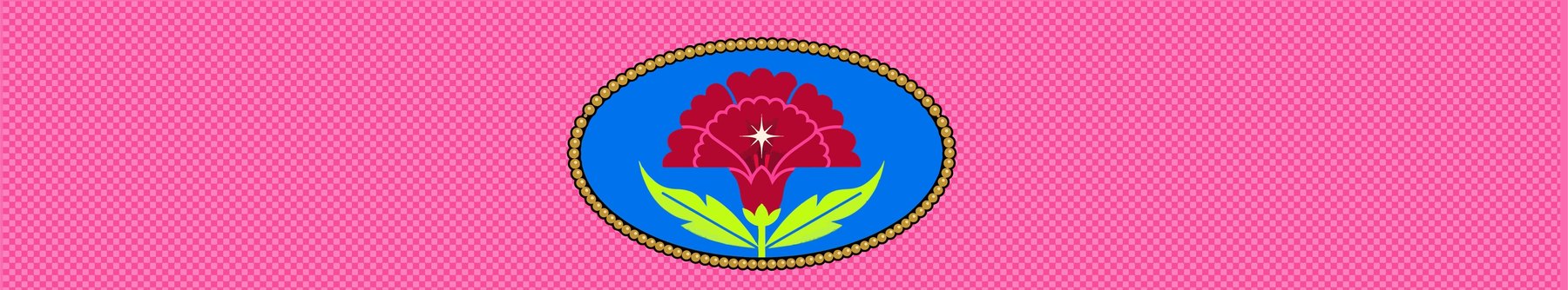 Pegatina circular con flor de mantón estilizada, sobre fondo rosa fucsia