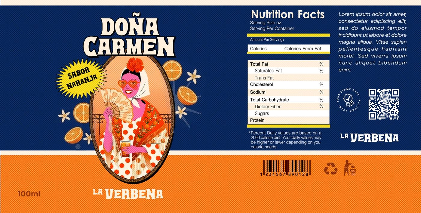 Despliegue completo de la etiqueta de Doña Carmen sabor naranja: marca, retrato en óvalo, panel de información nutricional, código de barras y reverso naranja con La Verbena