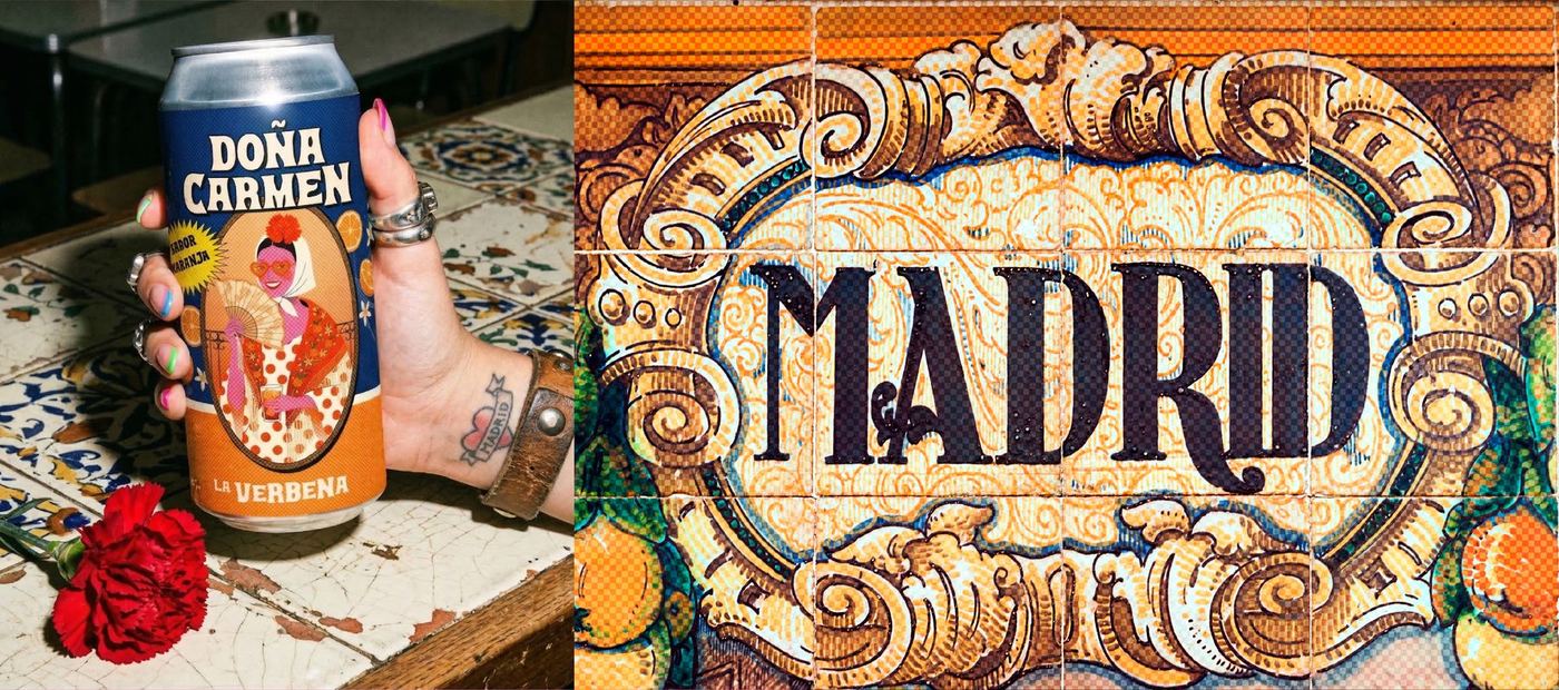 Composición tipo cartel art déco con la palabra MADRID en grande, marcos floridos y motivos de mantón en una retícula central